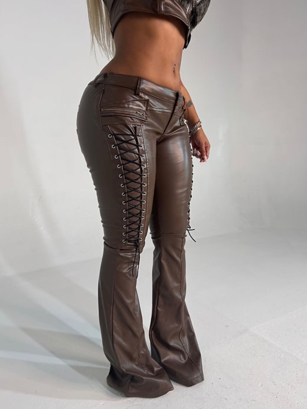 Dulsè Embossed Lace-Up Flared Leather Pants